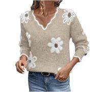 Women's Jumpers Long Sleeve V Neck Sweaters Autumn Outfits | Scalloped V-Neck, Daisy Floral Knitted, Relaxed Fit, Ribbed Cuffs, Frayed Hem, Smart Casual, Easy to Style with