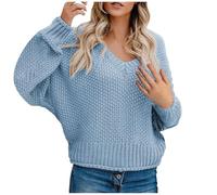 Womens Jumpers Size 12 Heated Jumper Ladies Women S Long Batwing Sleeve V Neck Sweaters Chunky Cable Knit Pullover 2024 Fashion Knitwear Solid Cozy Tops Roll Neck Tops for Ladies Blue L