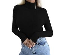 Womens Jumpers Size 14 Long Sleeve Basic Stretch Ribbed Polo Neck Top Ladies Slim Fit Lightweight Thermal Turtleneck Sweater Pullover Autumn Winter Plain Fitted Base Layer Undershirt Black