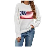 Womens Jumpers Size 14 Round Neck Pullovers for Women American Flag Print Womens Tops Size 18 Casual Sweater Knitted Tunic Jumpers for Women UK Long Sleeve Shirts Winter Autumn Sweatshirt White