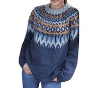 Women's Jumpers UK Designer Sweaters for Women New Home Gifts Dating Loose Jacquard Sweater Medium Long Autumn/Winter Round Neck Pullover Long Sleeved Knit Sweater Promotion Clearance Navy