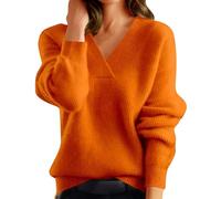 Women's Jumpers V Neck Comfort Long Sleeve Fluffy Plush Solid Color Winter Loungewear Tops Ladies Casual Oversized Cashmere Sweater for Autumn Work Office Business Going Out Orange