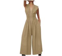 Womens Jumpsuit Casual Zipper Summer Rompers V Neck Sleeveless Playsuits Elastic Waist Wide Leg Holiday Overalls Comfy Dungarees With Pockets Ladies Office Elegant Overall for Work Party Club Wedding