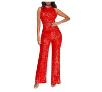 Womens Jumpsuit Dressy Glitter Sequins One Piece Outfits Slim Fit Crew Neck Sleeveless High Waist Summer Rompers Solid Colour Long Sequins Jumpsuits for Evening Party/Prom