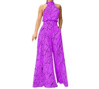 Women's Jumpsuit Print Casual Romper Women Jumpsuit Long Pocket Playsuit Strap Loose Turtleneck Women Shirt (Purple, M)