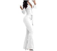 Womens Jumpsuit with Belt Elegant Button Collar Flared Pants Ladies Classic Solid Color Long Sleeve Romper Playsuit Casual Dressy One Piece Flare Trousers Comfy Elegant Jumpsuits for Women UK White