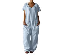 Womens Jumpsuits -Ladies Summer Solid V Neck Casual Comfortable Loose Oversized Pocket Low Grade (Blue XXXL)
