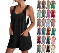 Womens Jumpsuits Linen Dungarees for Women UK Summer Casual Sleeveless Boho Rompers Loose Adjustable Strappy Short Overalls Jumpsuits with Pockets for women UK plus size ladies size 16
