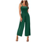 Women's Jumpsuits & Playsuits Clearance Cropped Pleated Dungarees Ribbed Wide Leg Jumpsuits Casual Sleeveless One Piece Palazzo Playsuit Solid Color Square Neck Summer Romper Size 8-16