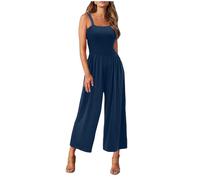 Women's Jumpsuits & Playsuits Clearance Cropped Pleated Dungarees Ribbed Wide Leg Jumpsuits Casual Sleeveless One Piece Palazzo Playsuit Solid Color Square Neck Summer Romper Size 8-16