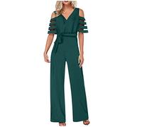 Women's Jumpsuits & Playsuits Cold Shoulder Short Sleeve Wide Leg Jumpsuits Casual Mesh Dressy One Piece Palazzo Playsuit Solid Color V Neck Summer Romper Size 8-16