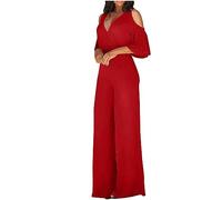 Women's Jumpsuits & Playsuits Off The Shoulder Wide Leg Jumpsuits with Pockets Casual Dressy One Piece Palazzo Playsuit Solid Color V Neck Summer Romper Short Sleeve Overalls Size 8-16