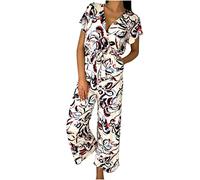 Women's Jumpsuits & Playsuits UK Elegant Short Sleeve Ruffle Romper Loose Dungarees Wide Leg Bib Overalls Belted Straight Pants Pockets Summer V Neck Playsuit for Party Wedding Holiday Beach White