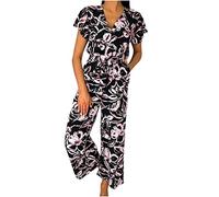 Women's Jumpsuits & Playsuits UK Elegant Short Sleeve Ruffle Romper Loose Dungarees Wide Leg Bib Overalls Belted Straight Pants Pockets Summer V Neck Playsuit for Party Wedding Holiday Beach Black