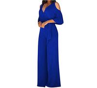 Women's Jumpsuits & Playsuits V-Neck Cold Shoulder Short Sleeve Jumpsuits with Pockets Casual Dressy One Piece Playsuit Summer Wide Leg Palazzo Trousers Pants Romper Overalls