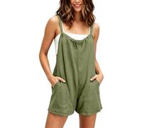 Women's Jumpsuits Summer Backless Spaghetti Strap Dungarees Wide Leg Shorts Solid Color Sleeveless Rompers Pockets Ladies Cotton Soft Casual One Piece Loose Overalls Playsuit Holiday Travel Beach Work