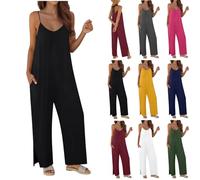 Womens Jumpsuits Wide Leg Baggy Dungarees Casual Loose Sleeveless Playsuits Suspender Bib Overalls Romper Ladies Solid Color Trousers Jumpsuit Long Pants with Pockets Summer Playsuit for Daily