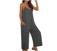 Womens Jumpsuits Wide Leg Baggy Dungarees Casual Loose Sleeveless Playsuits Suspender Bib Overalls Romper Ladies Solid Color Trousers Jumpsuit Long Pants with Pockets Summer Playsuit for Daily