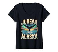 Womens Juneau Alaska Whale Northern and Lights Landscape V-Neck T-Shirt
