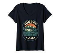 Womens Juneau Alaska Whale Tail Shirt Retro Scenic Mountains Ocean V-Neck T-Shirt