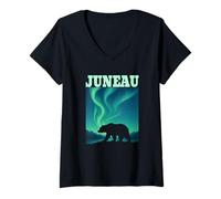 Womens JUNEAU Northern Lights Bear Alaska City Wildlife V-Neck T-Shirt