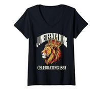 Women's Juneteenth King Celebrating 1865 Pan African Lion Graphic V-Neck T-Shirt
