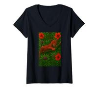 Womens Jungle Jaguar Art, Tropical Leopard with Hibiscus Flowers V-Neck T-Shirt
