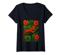 Womens Jungle Jaguar Art, Tropical Leopard with Hibiscus Flowers V-Neck T-Shirt