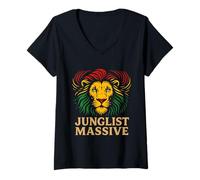 Womens Junglist Massive Lion Head Drum and Bass Rave Design V-Neck T-Shirt