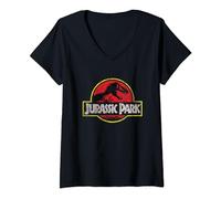 Womens Jurassic Park Classic T-Rex Skeleton Logo V-Neck T-Shirt