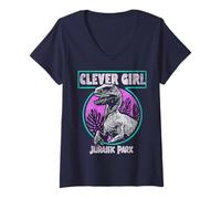 Womens Jurassic Park Distressed Teal Raptor Clever Girl V-Neck T-Shirt