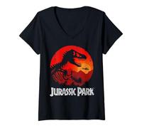 Womens Jurassic Park Red Jungle Sunset Icon V-Neck T-Shirt