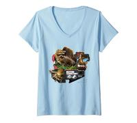Women's Jurassic World Rebirth Spinosaurus Defend Territory V-Neck T-Shirt, Baby Blue, Medium