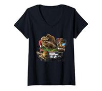 Women's Jurassic World Rebirth Spinosaurus Defend Territory V-Neck T-Shirt, Black, XX-Large