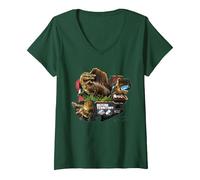 Women's Jurassic World Rebirth Spinosaurus Defend Territory V-Neck T-Shirt, Dark Green, Small