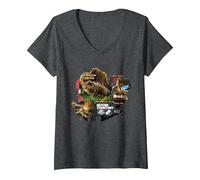 Women's Jurassic World Rebirth Spinosaurus Defend Territory V-Neck T-Shirt, Dark Heather Grey, XX-Large