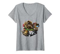 Women's Jurassic World Rebirth Spinosaurus Defend Territory V-Neck T-Shirt, Heather Grey, Medium