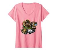 Women's Jurassic World Rebirth Spinosaurus Defend Territory V-Neck T-Shirt, Pink, XX-Large