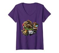 Women's Jurassic World Rebirth Spinosaurus Defend Territory V-Neck T-Shirt, Purple, Large