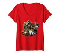 Women's Jurassic World Rebirth Spinosaurus Defend Territory V-Neck T-Shirt, Red, Small