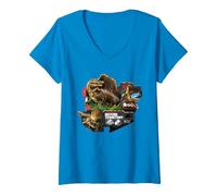Women's Jurassic World Rebirth Spinosaurus Defend Territory V-Neck T-Shirt, Sapphire Blue, Small