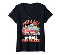Women's Just a Boy Who Loves Fire Trucks Firefighter Kid V-Neck T-Shirt