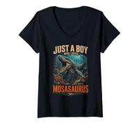 Women's Just A Boy Who Loves Mosasaurus, Prehistoric Marine Reptile V-Neck T-Shirt