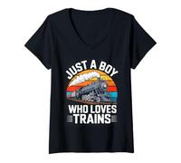 Womens Just A Boy Who Loves Trains Steam Enthusiast V-Neck T-Shirt