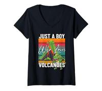 Womens Just a Boy Who Loves Volcanoes Fun Dinosaur Volcano Eruption V-Neck T-Shirt