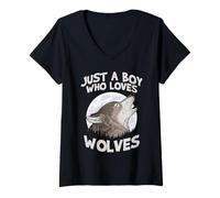 Women's Just A Boy Who Loves Wolves Howling Moon Graphic V-Neck T-Shirt