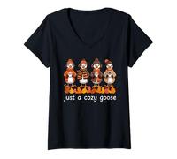 Womens Just A Cozy Goose Funny Fall Autumn Vibes Silly Gooses V-Neck T-Shirt