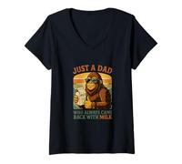 Womens Just a Dad Who Always Came Back with Milk Funny Bigfoot V-Neck T-Shirt