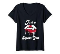 Womens Just A English Girl Lips England Flag Roots Great Britain V-Neck T-Shirt