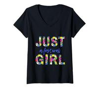 Womens Just a Festival Girl, Live Music - Colorful Floral Letters V-Neck T-Shirt